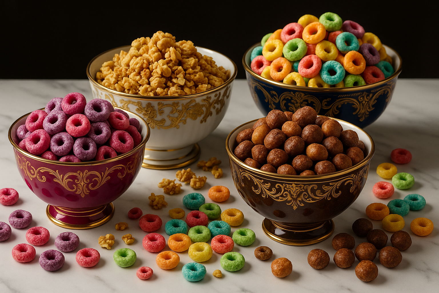 fancy bowls overflowing with different cereals of different colors