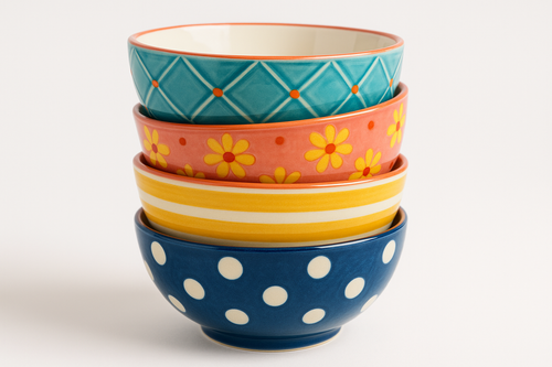 stack of colorful ceramic cereal bowls with different patterns